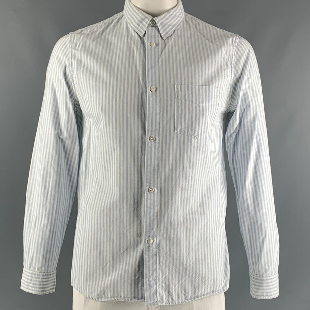 A.P.C. Size XL White Light Blue Stripe Cotton Button Down Long Sleeve Shirt